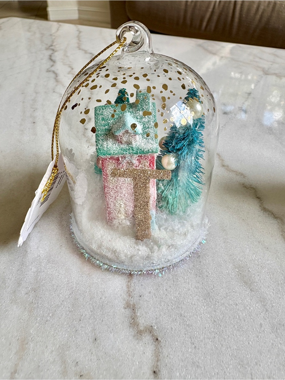 Anthropologie Glass Bell Holiday Ornament Letter “T” with Teal Tree and Pink